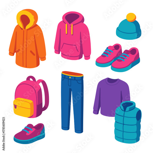 Urban Winter Gear. Urban Winter Look modern flat icon set: parka, hoodie, sneakers, wool cap, backpack, jeans, thermal layer, quilted vest.