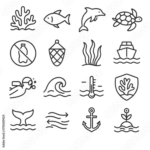 Ocean preservation icons in minimalistic line art style: coral reef, fish, dolphin, turtle, plastic bottle crossed out, net trap, seaweed, boat wake,