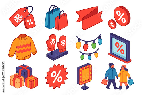 Winter Sale Icons. Winter Sale modern flat icon set: snowflake tags, shopping bags, red sale banner, percentage icons, cozy sweater, mittens on display, festive lights, store