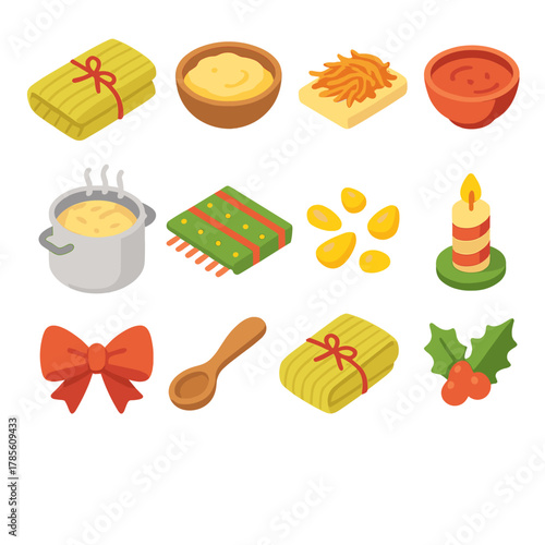 Festive Tamales Icons. Christmas Tamales modern flat icon set: corn husk-wrapped tamales, masa dough, chicken filling, chili sauce bowl, steaming pot, festive tablecloth, corn