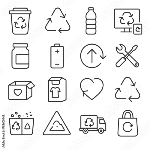 Recycling and reuse icons in minimalistic line art style: paper recycling bin, metal recycling symbol, plastic bottle, e-waste icon, glass jar,