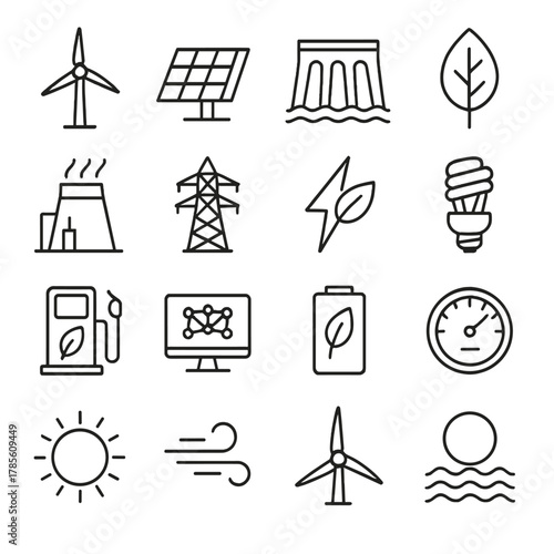 Clean energy sources icons in minimalistic line art style: wind turbine, solar panel, hydroelectric dam, biomass leaf, geothermal plant, electric