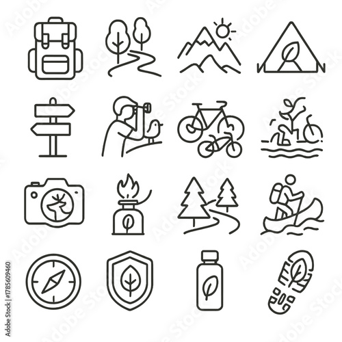 Eco tourism icons in minimalistic line art style: backpack, nature trail, mountain, eco tent, trail sign, birdwatching, bike tour, canoe icon,