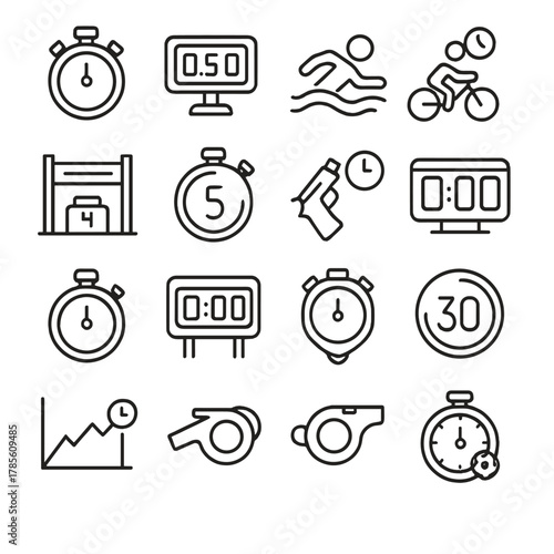 Sports timing devices icons in minimalistic line art style: race stopwatch, lap counter, swim timer, cycling time tracker, finish line clock, sprint
