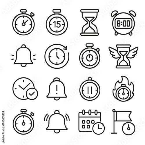 Time tracking tools icons in minimalistic line art style: stopwatch, countdown timer, sand clock, digital clock, alarm bell, time loop, circular timer