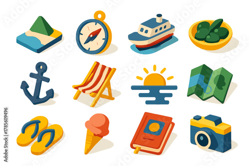 Mediterranean Travel Icons. Minimal Mediterranean travel icons modern flat icon set: minimalist coastline, compass, ferry, plate of olives, anchor, striped beach chair, sun over