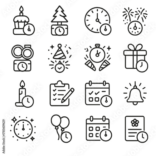 Event and party countdowns icons in minimalistic line art style: birthday countdown, holiday timer, New Year’s Eve clock, fireworks timer, wedding