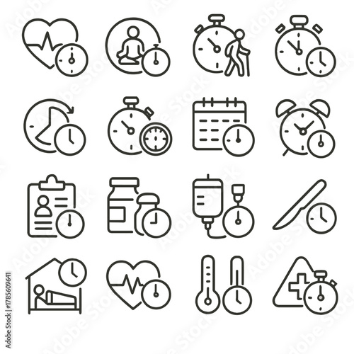 Medical and therapy timers icons in minimalistic line art style: pulse timer, health session clock, rehab stopwatch, dosage timer, therapy countdown,