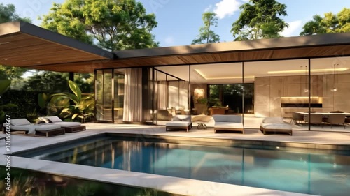 Wallpaper Mural Modern architectural structure with a pool and lush greenery, featuring interior design Torontodigital.ca