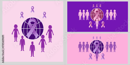 Vector illustration of global human solidarity. Featuring silhouettes of men and women from various backgrounds surrounding a globe with an awareness ribbon.