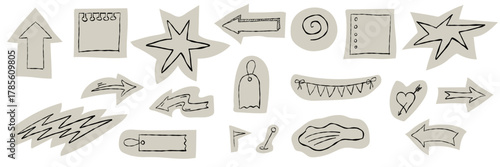 Funky scrapbook and collage elements set. Hand-drawn doodles, torn craft paper cutouts and colorful crayon sketches in naive art vector style.