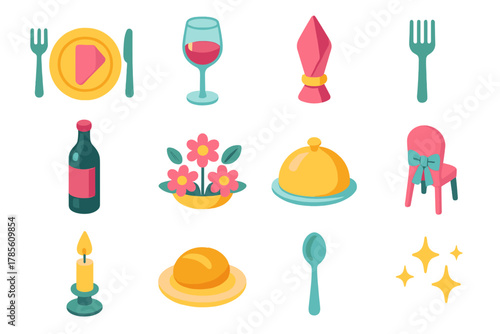 Elegant Dining Icons. Elegant Dinner Gathering modern flat icon set: table setting, crystal glass, folded napkin, silver fork, wine bottle, centerpiece, plate cover, chair ribbon,