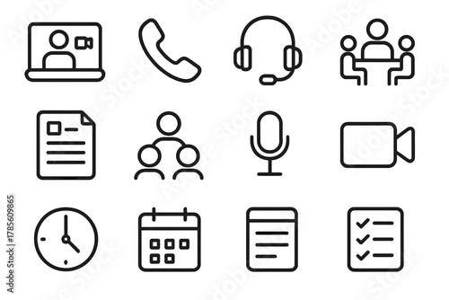 Digital Communication Icons. Meetings & Calls outline icon set: video call, phone, headset, meeting room, agenda sheet, participant icons, microphone, camera, time zone clock,