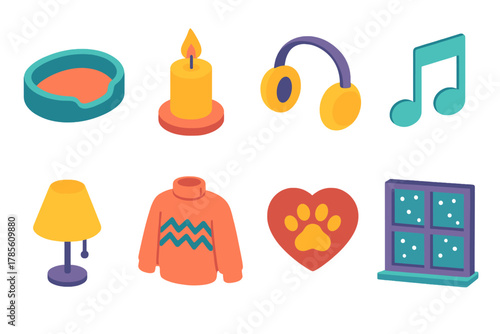 Cozy Holiday Icons. Calm Holidays modern flat icon set: pet bed, candle, ear muff, soothing music note, dim lamp, cozy sweater, paw print heart, window snow.