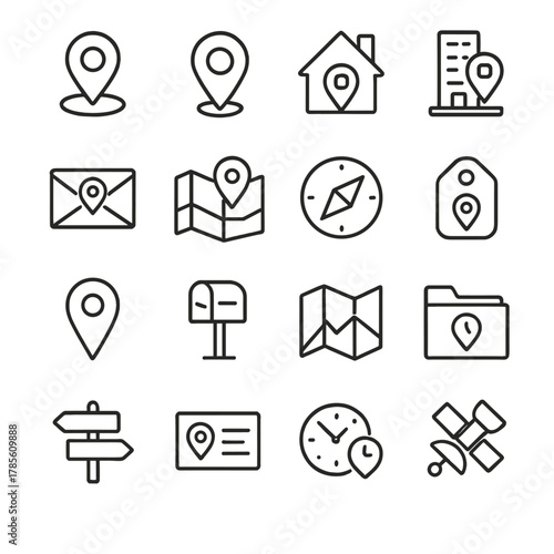 Address and location info icons in minimalistic line art style: GPS icon, map pin, home address, office building pin, postal address icon, map with