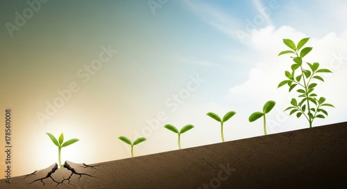 Fototapeta Naklejka Na Ścianę i Meble -  A plant growing from a crack in the ground, with a blue sky and clouds in the background.