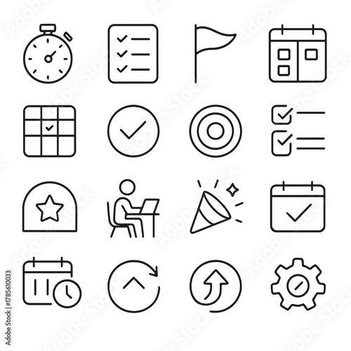 Productivity tools icons icons in minimalistic line art style: focus timer, task manager, priority flag, schedule board, habit tracker, completed icon