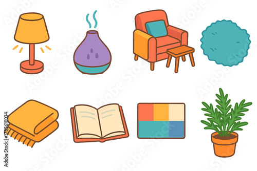 Cozy Icon Set. Peaceful Sanctuary modern flat icon set: soft lighting, scented diffuser, reading nook, fluffy rug, warm blanket, open book, calm tones, potted fern.