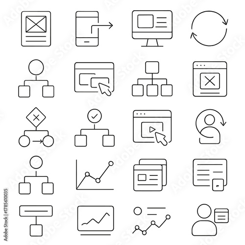 UX and UI workflow icons in minimalistic line art style: wireframe layout, screen transition, prototype stage, feedback loop, user flow chart, button