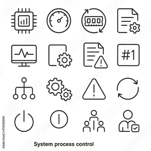 System process control icons in minimalistic line art style: CPU load icon, performance gauge, memory cycle, process priority, real-time monitor,
