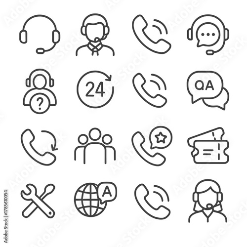 Customer support line icons in minimalistic line art style: headset icon, call agent, service call, chat support, help center, 24/7 icon, live call,