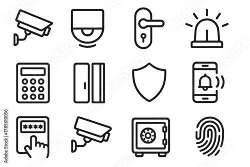 Home Security Icons. Home Security outline icon set: camera, motion sensor, door lock, alarm siren, keypad, window sensor, shield, smartphone alert, password pad, CCTV icon, safe