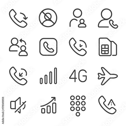 Mobile phone functions icons in minimalistic line art style: incoming call, outgoing call, blocked number, caller ID, contacts sync, phone app icon,