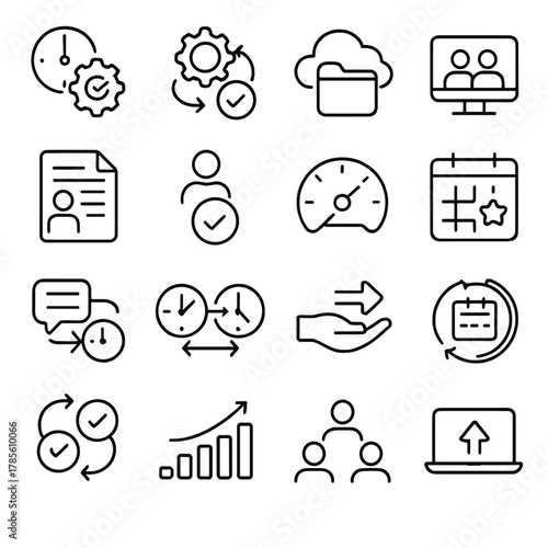 Remote team coordination icons in minimalistic line art style: timezone icon, async task icon, cloud folder, video meeting, shared doc, check-in icon,