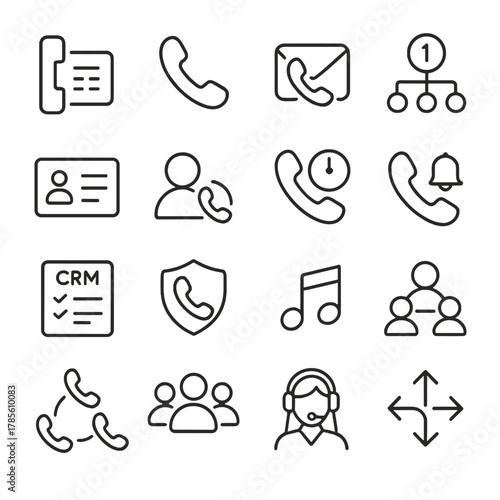 Business contact icons icons in minimalistic line art style: office phone, direct line, voicemail inbox, internal extension, business card icon,