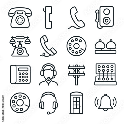 Classic telephone symbols icons in minimalistic line art style: rotary phone, receiver on hook, receiver off hook, wall phone, antique phone, corded