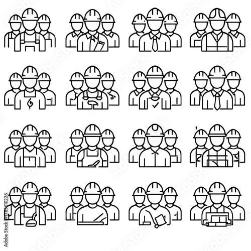 Construction teams icons in minimalistic line art style: builders team, architects group, engineers unit, safety crew, electricians team, plumbing