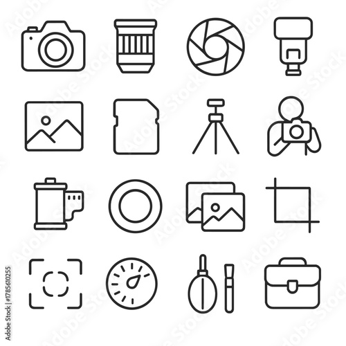 Photography icons in minimalistic line art style: DSLR camera, photo lens, aperture symbol, camera flash, photo frame, memory card, tripod stand,