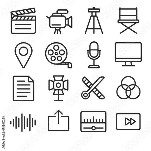Video production icons in minimalistic line art style: clapperboard, video camera, tripod, director chair, scene marker, film reel, microphone,