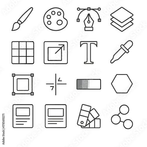 Graphic design icons in minimalistic line art style: paintbrush, color palette, vector pen, layers stack, design grid, image resize, typography icon,
