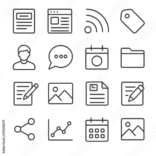 Blogging tools icons in minimalistic line art style: blog post, article layout, RSS icon, tag label, author avatar, comments icon, publication date,