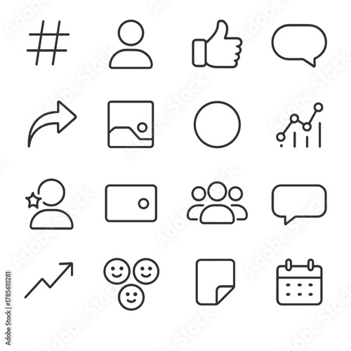 Social media content icons in minimalistic line art style: hashtag symbol, social profile, like icon, comment bubble, share arrow, post layout, story