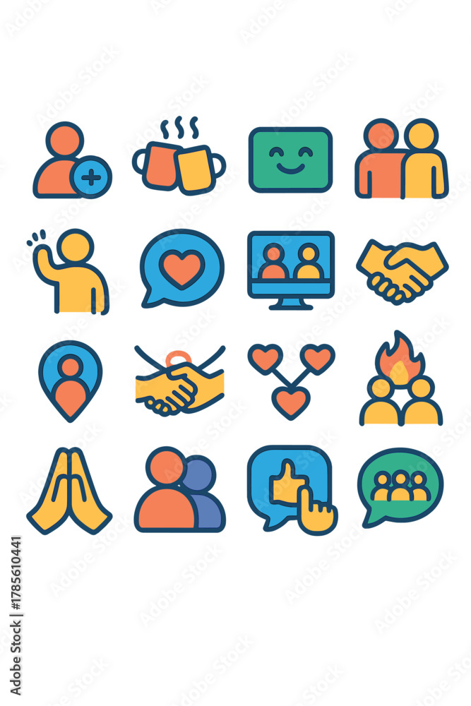 Fototapeta premium Social connection icons icons in modern flat vector style in minimalistic vibrant color design: friend request icon, shared coffee, welcome mat, side