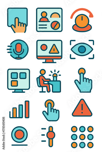 Human-machine interface icons in modern flat vector style in minimalistic vibrant color design: touchscreen panel, virtual dashboard, control knob,