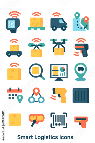 Smart logistics icons in modern flat vector style in minimalistic vibrant color design: RFID scanner, smart pallet, autonomous vehicle, route