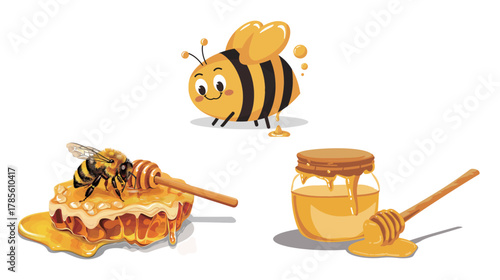 Golden natural honey with honeycomb and wooden dipper on white background