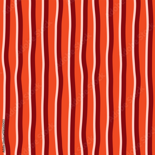 Abstract modern seamless bright colorful geometric pattern of vertical paired curved stripes on red background; simple hand-drawn vector illustration, drawing, flat style