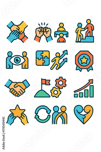 Teamwork icons icons in modern flat vector style in minimalistic vibrant color design: interlocking hands, group fist bump, roundtable symbol, ladder