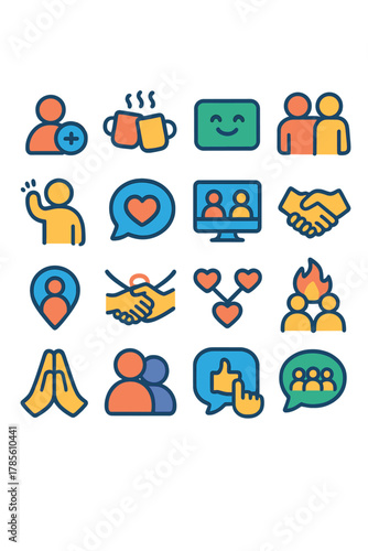 Social connection icons icons in modern flat vector style in minimalistic vibrant color design: friend request icon, shared coffee, welcome mat, side
