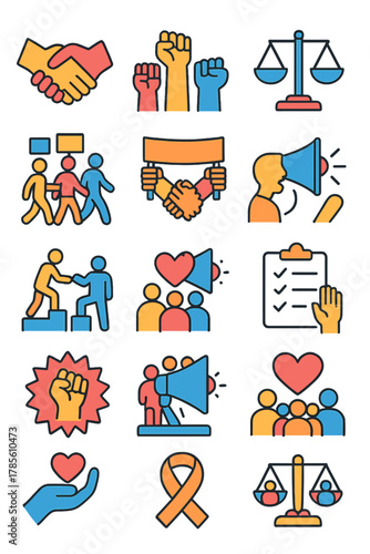 Social activism icons icons in modern flat vector style in minimalistic vibrant color design: protest handshake, raised fists, heart megaphone,