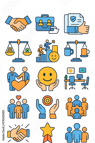Workplace harmony icons icons in modern flat vector style in minimalistic vibrant color design: office handshake, collaborative briefcase, trust