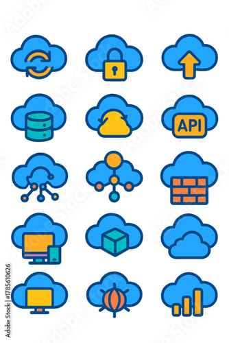 Cloud computing icons icons in modern flat vector style in minimalistic vibrant color design: cloud sync, secure storage, remote server, cloud upload,