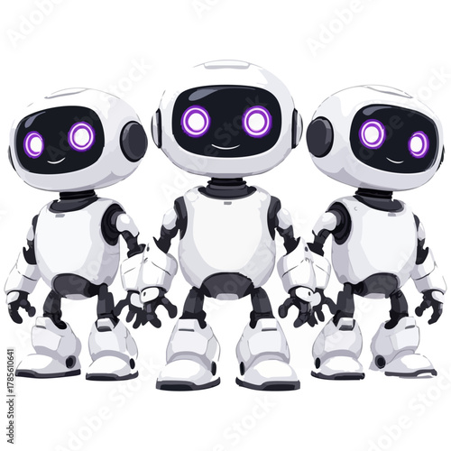 Cartoon robot trio with white bodies, glowing purple eyes, and friendly humanoid design