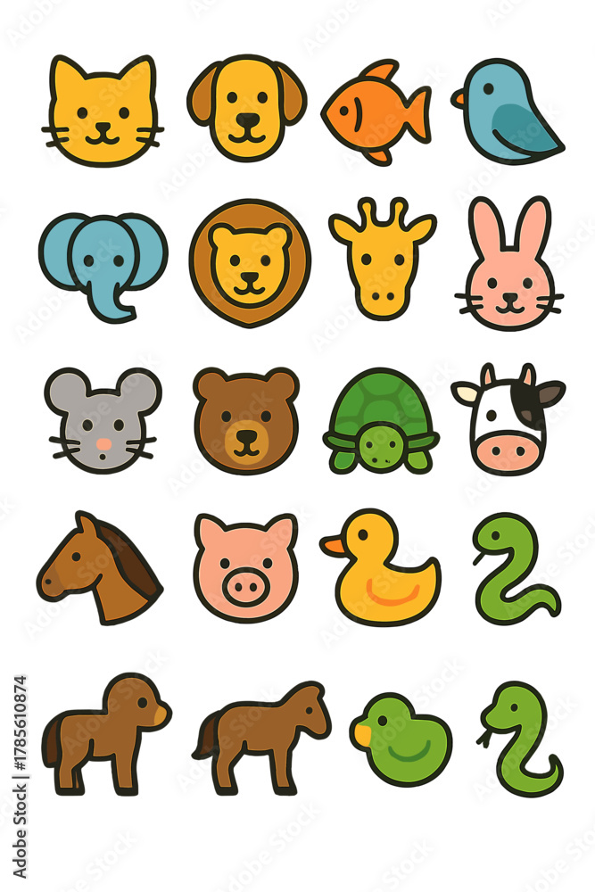 Obraz premium Animal icon set icons in modern flat vector style in minimalistic vibrant color design: [Cat, Dog, Fish, Bird, Elephant, Lion, Giraffe, Rabbit, Mouse,