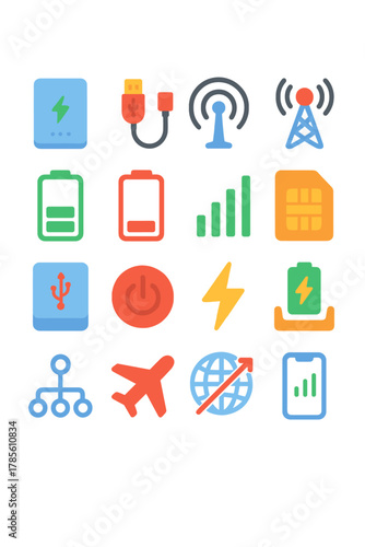 Battery GSM icon set icons in modern flat vector style in minimalistic vibrant color design: [Power bank, Charging cable, Antenna, GSM tower, Battery
