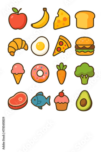 Food icon set icons in modern flat vector style in minimalistic vibrant color design: [Apple, Banana, Cheese, Bread, Croissant, Egg, Pizza slice,